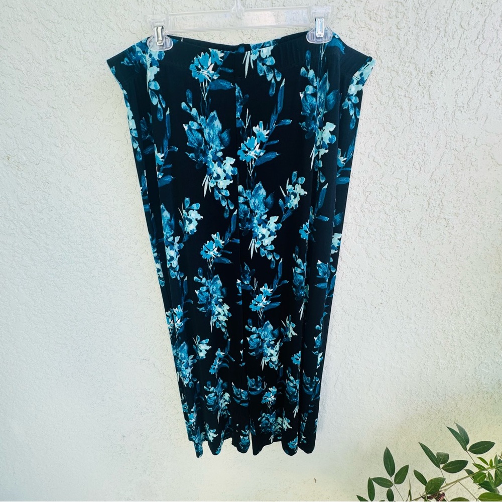 Chico’s 3S (16-18) black blue dark floral wide leg pull on pants spring summer